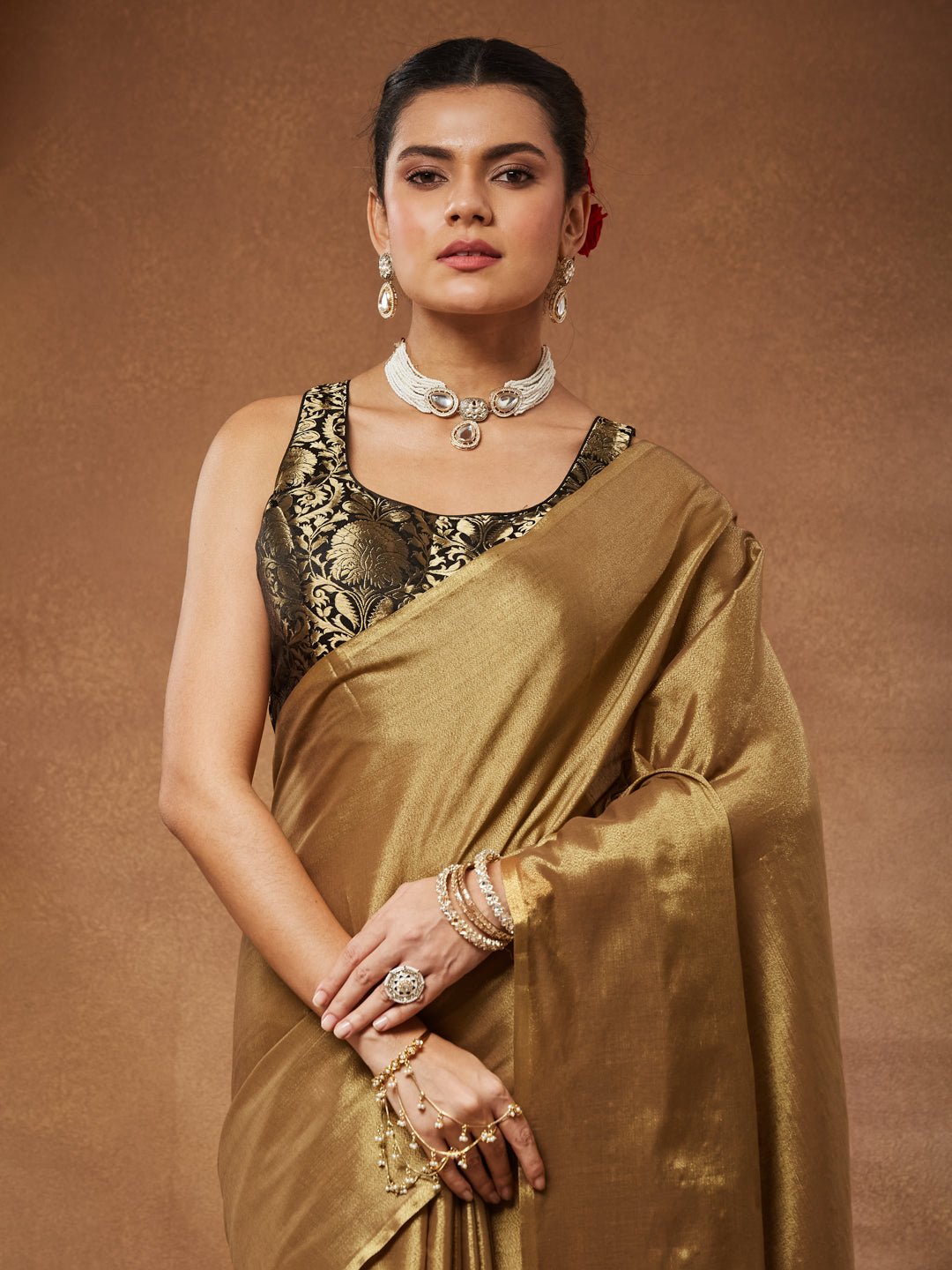 Kanak- Antique Gold Tissue Silk Saree with Tassel Pallu