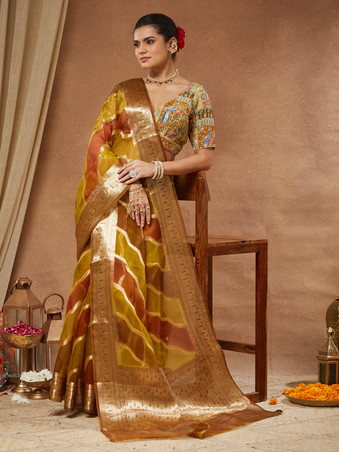Sarson - Mustard Gold Organza Saree with Woven Zari Chevron