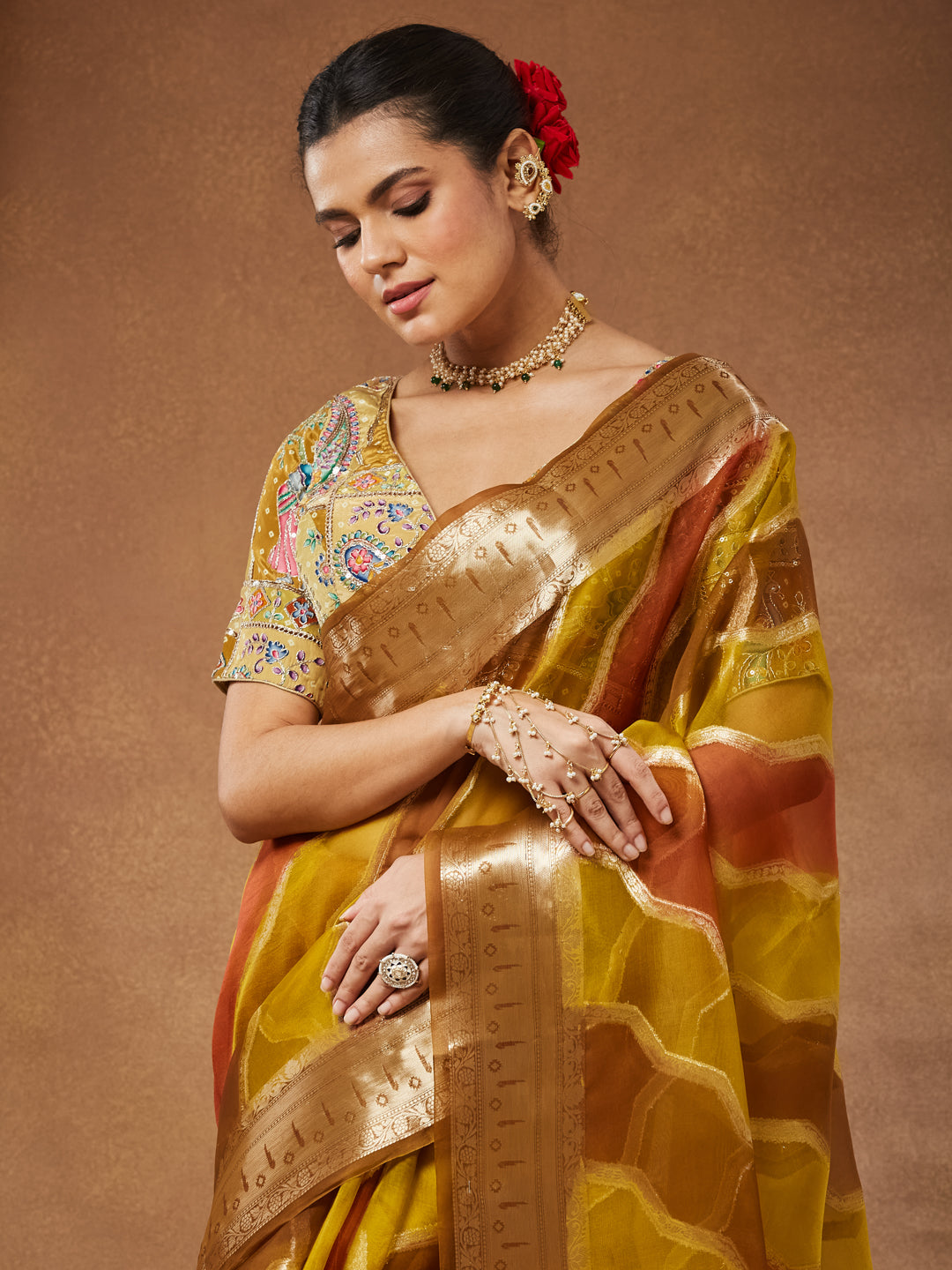 Sarson - Mustard Gold Organza Saree with Woven Zari Chevron