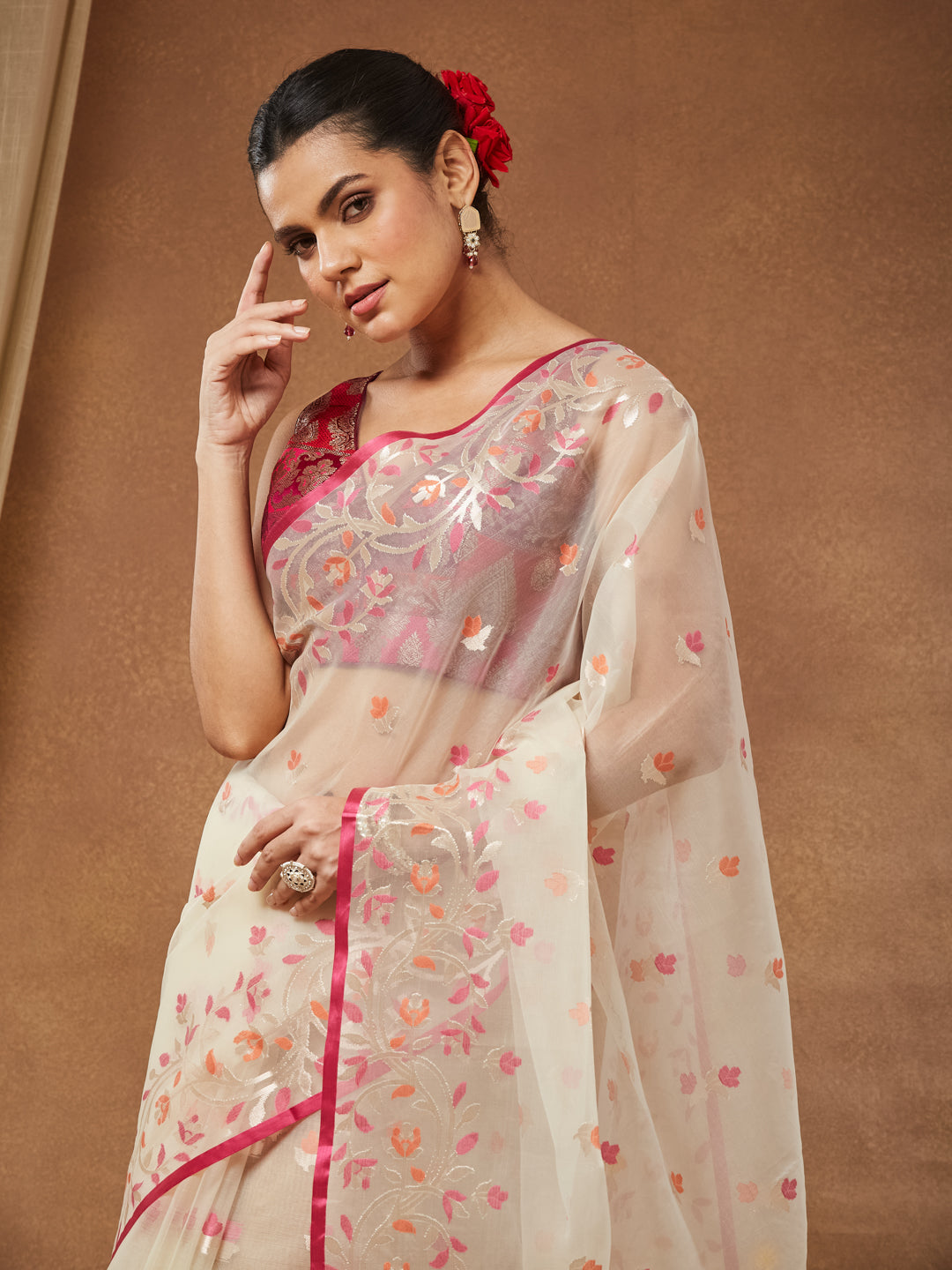 Phulwari - Ivory Organza Saree with Multicolour Jamdani Floral Butis