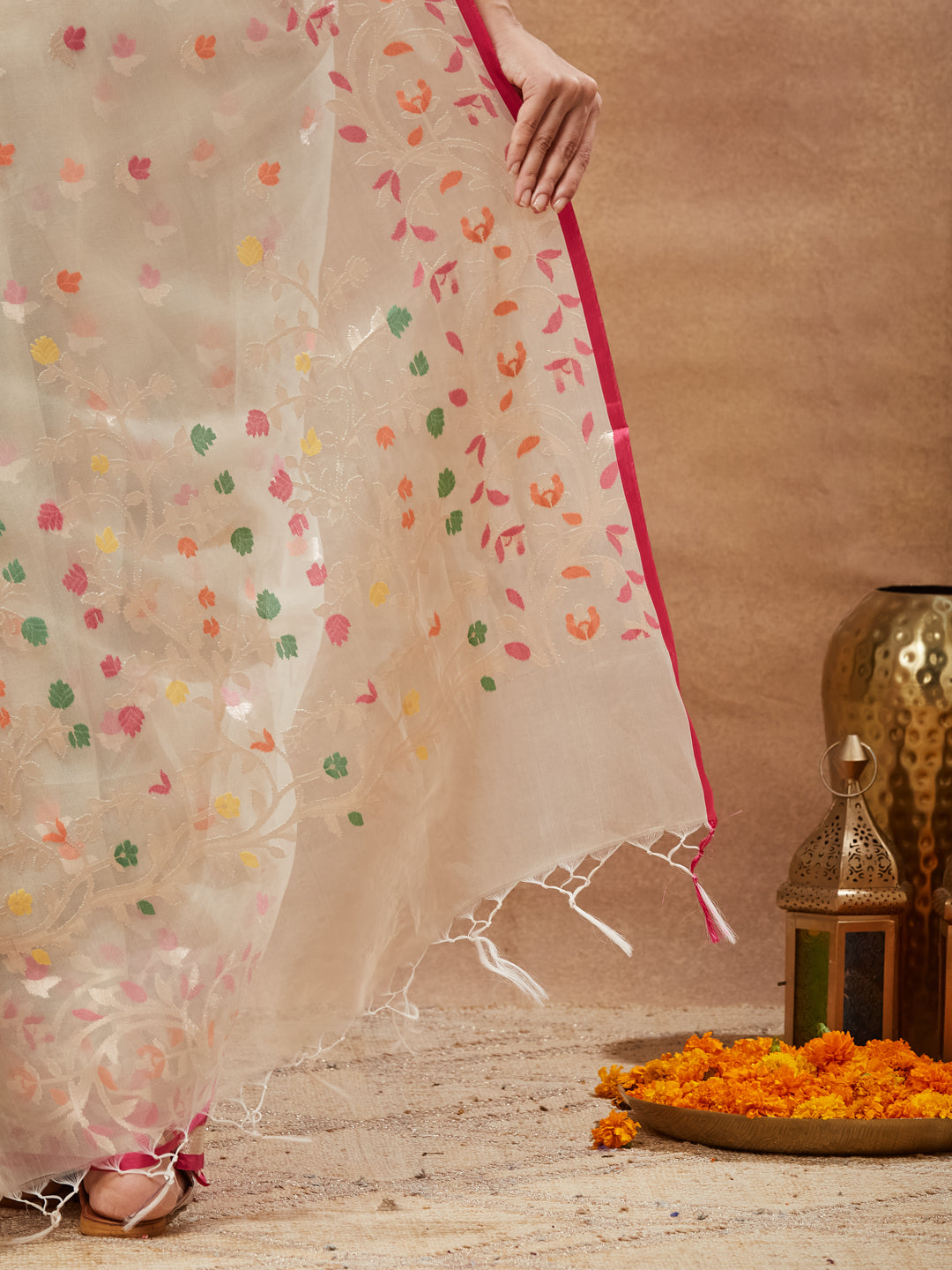 Phulwari - Ivory Organza Saree with Multicolour Jamdani Floral Butis