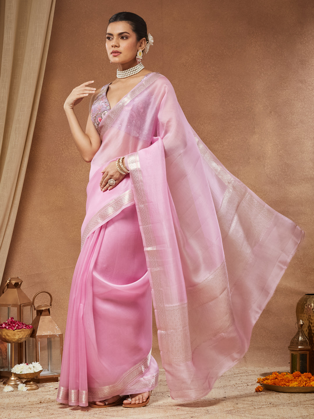 Nazakat - Rose Pink Pure Kora Silk Saree with Silver Zari Border