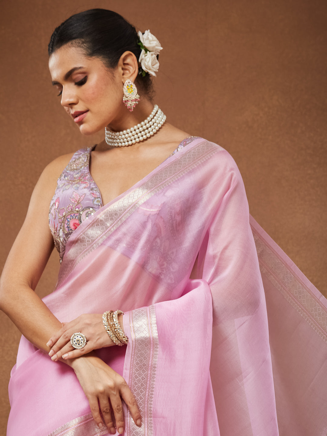 Nazakat - Rose Pink Pure Kora Silk Saree with Silver Zari Border