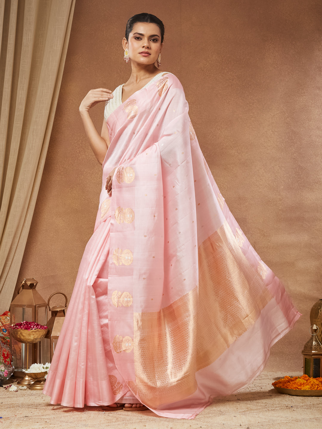 Mehr - Blush Pink Rose Gold Zari Banarasi Silk Saree