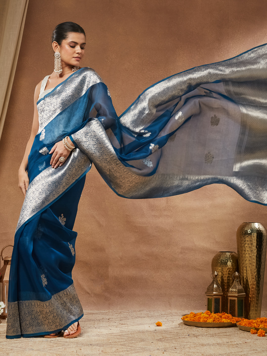Mayuri - Peacock Teal Organza Saree with Silver Zari Border