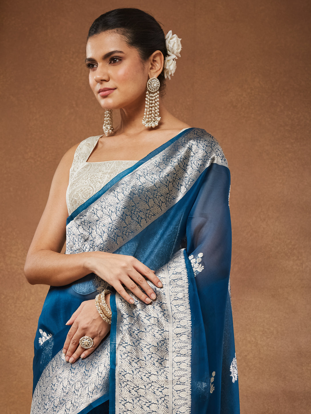Mayuri - Peacock Teal Organza Saree with Silver Zari Border