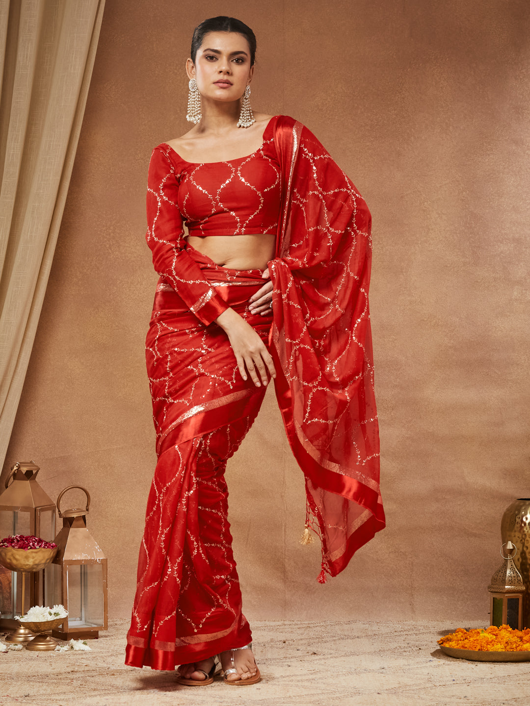 Surkh - Scarlet Georgette Saree with Gold Sequin Trellis Work