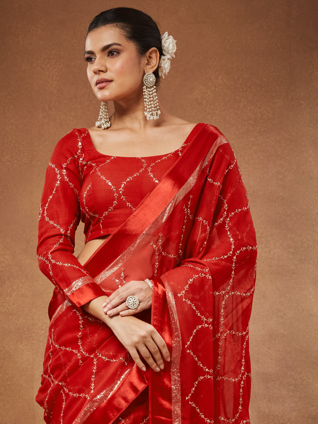 Surkh - Scarlet Georgette Saree with Gold Sequin Trellis Work