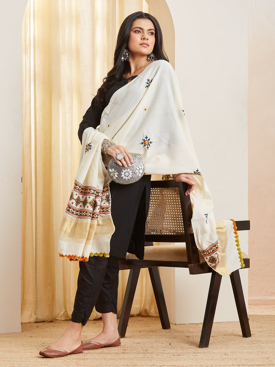 Aarsi ivory Kutchi dupatta with handcrafted zari border