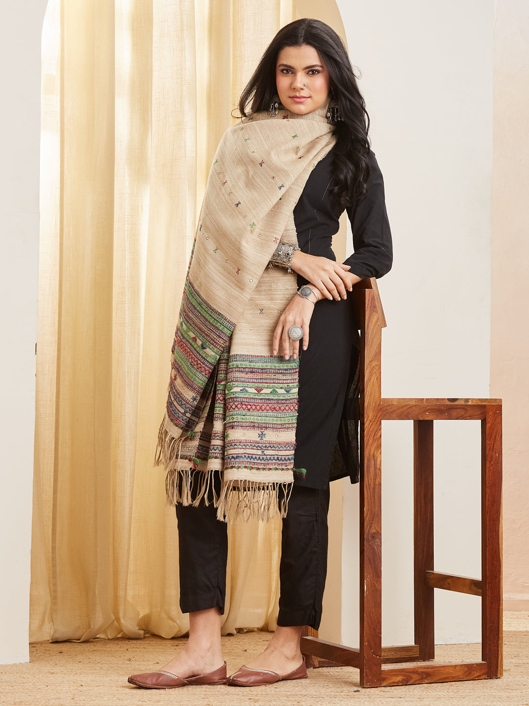 Bhoomi undyed tussar silk dupatta with woven geometric bands