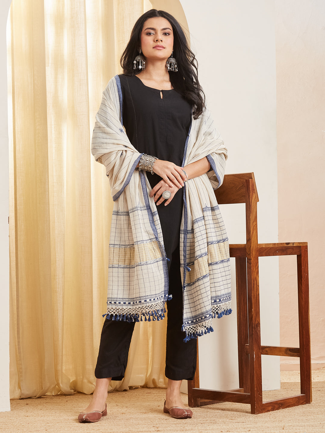 Barkha ivory and indigo dupatta draped