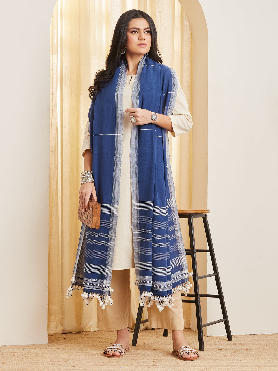 Amber natural indigo handloom dupatta with woven white buti