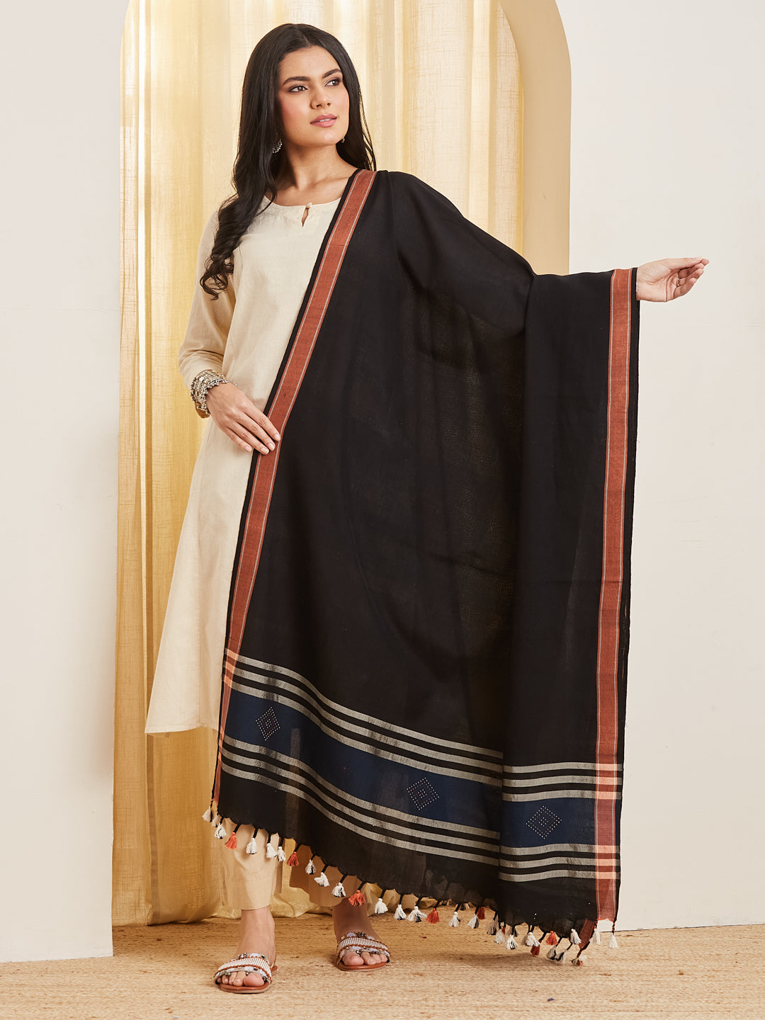 Kajal black handloom dupatta with copper selvedge