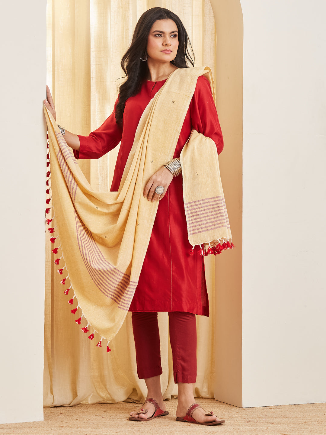 Ketaki butter yellow Tangaliya cotton dupatta with red daana butis