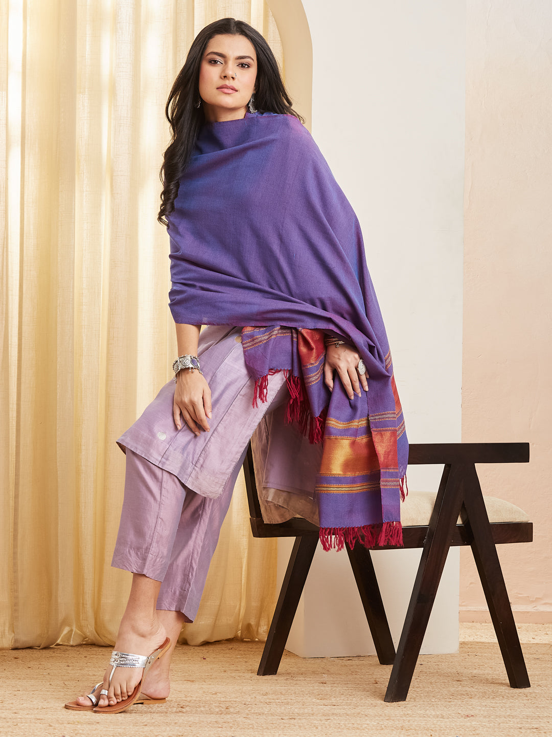 Nilofar amethyst handloom cotton dupatta with gold zari border