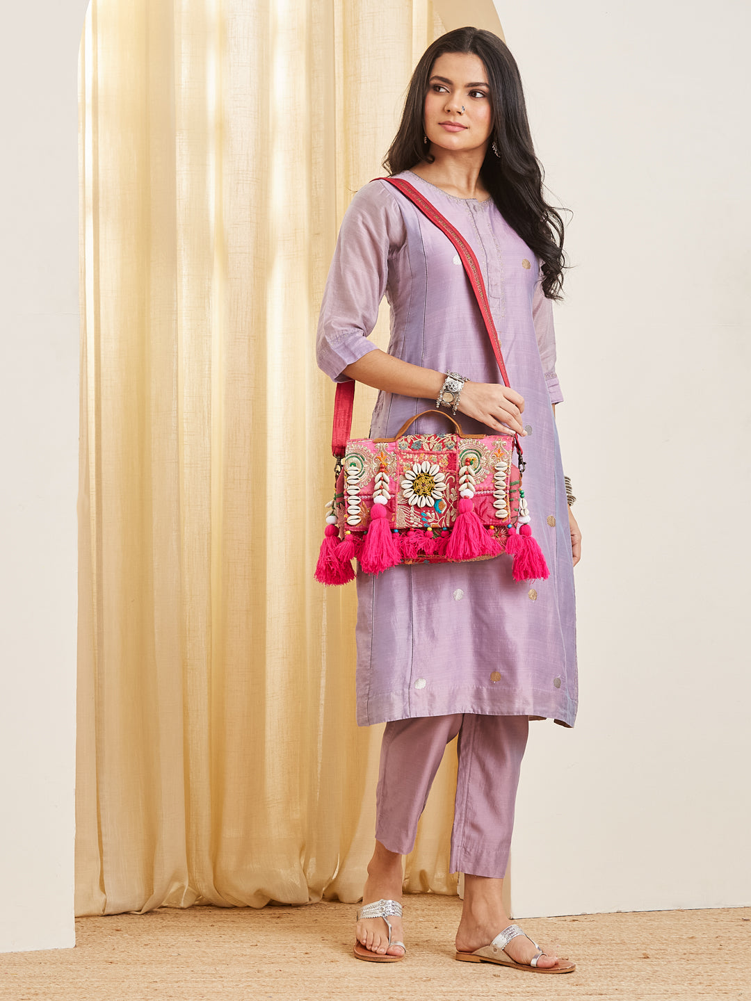 Coral Kutchi Embroidered Sling Bag with Mirror and Cowrie Work
