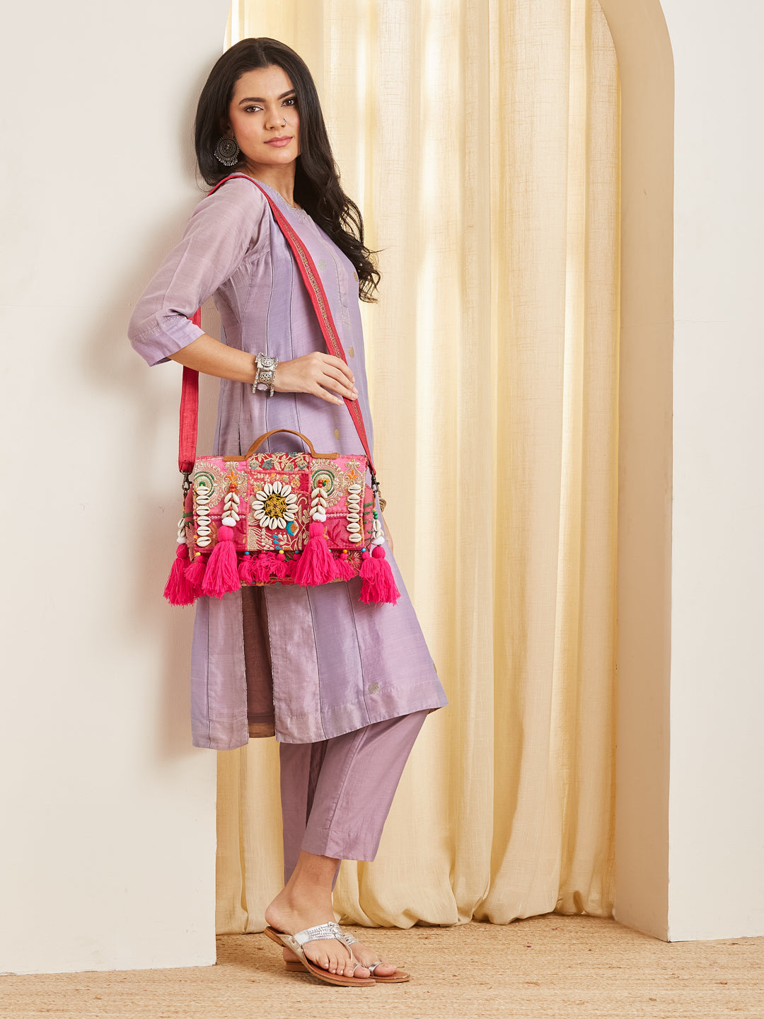 Coral Kutchi Embroidered Sling Bag with Mirror and Cowrie Work