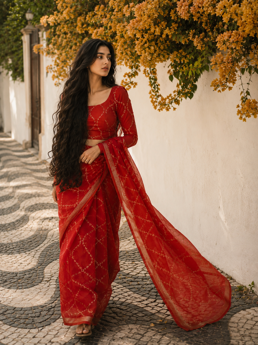 Aparajita Sindoori carmine red tissue silk Banarasi saree, drape detail