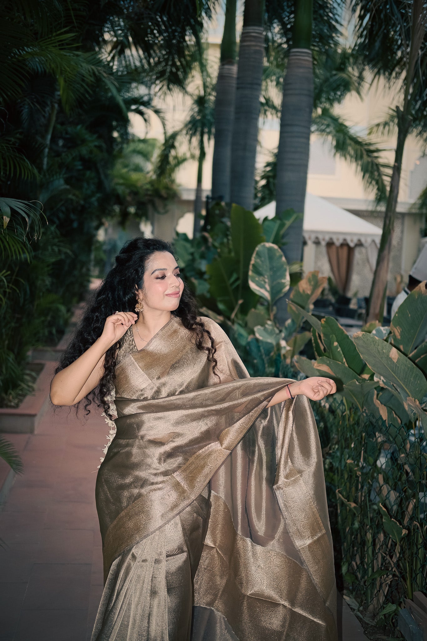 Aparajita Kansya antique gold bronze tissue silk saree, pallu zari detail