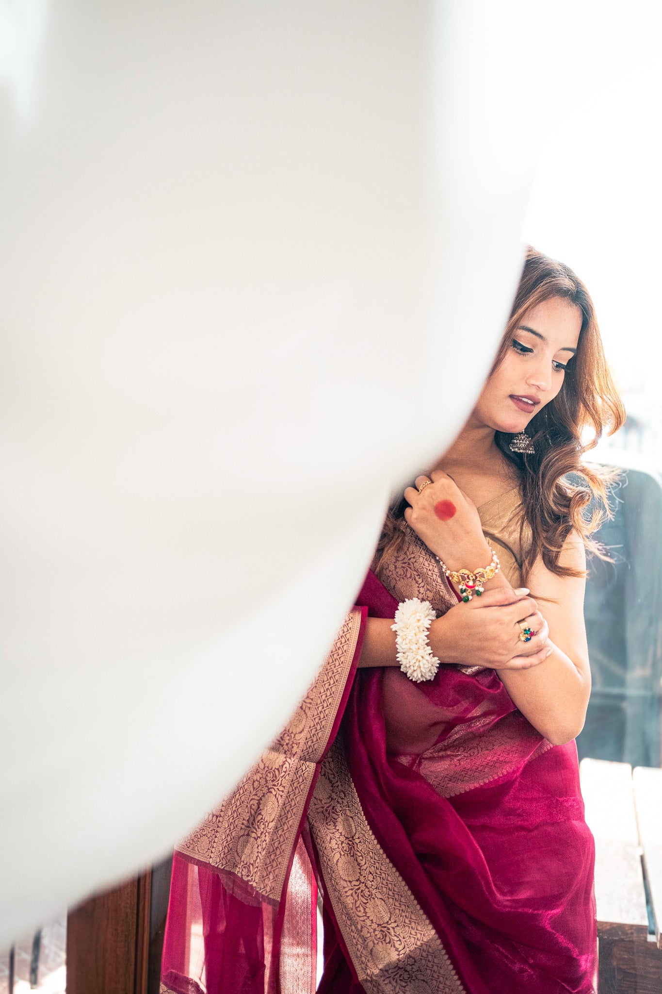 Aparajita Gulaabo rani pink tissue silk saree, antique gold border detail
