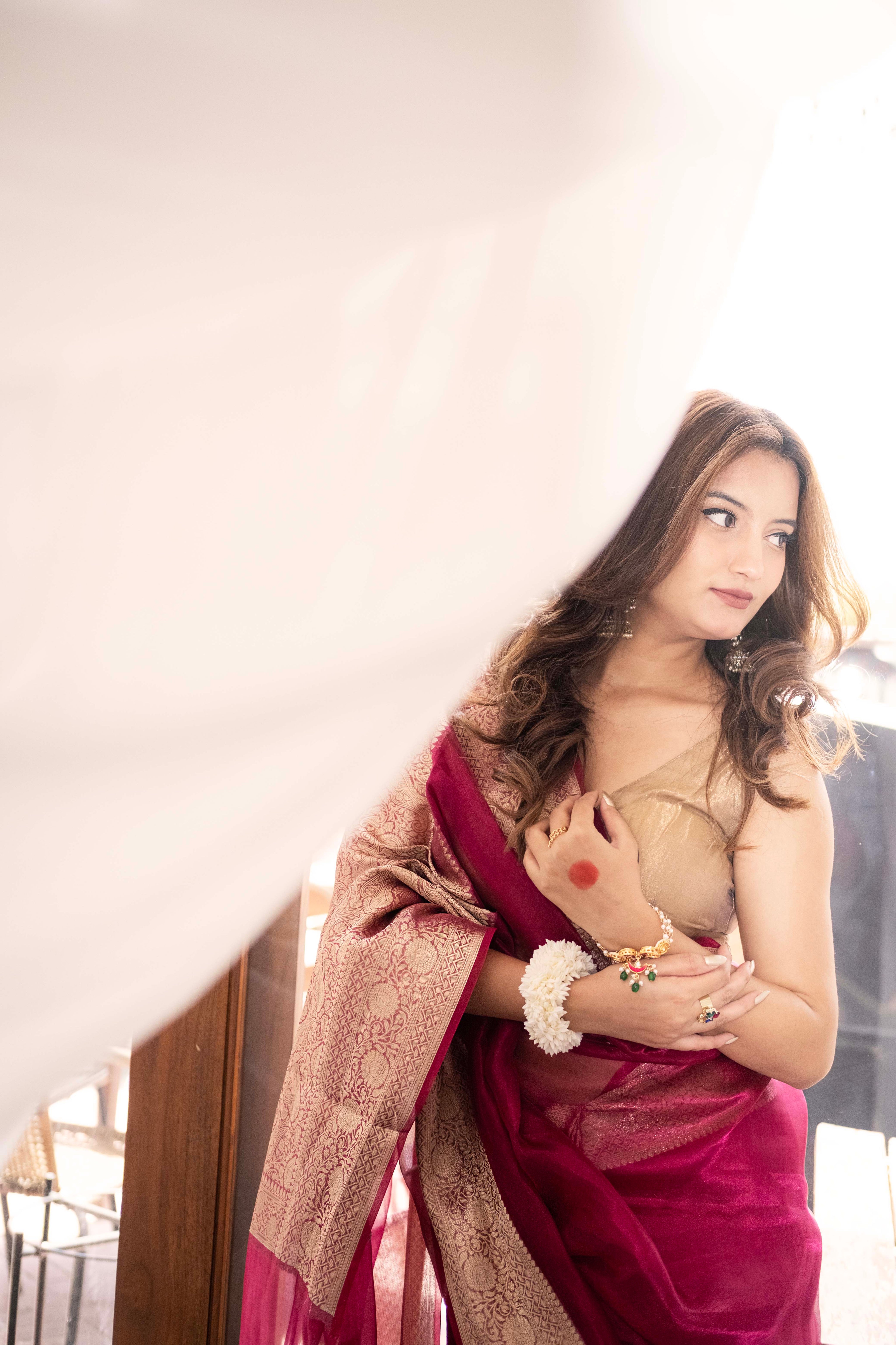 Aparajita Gulaabo rani pink tissue silk saree, styled lifestyle look