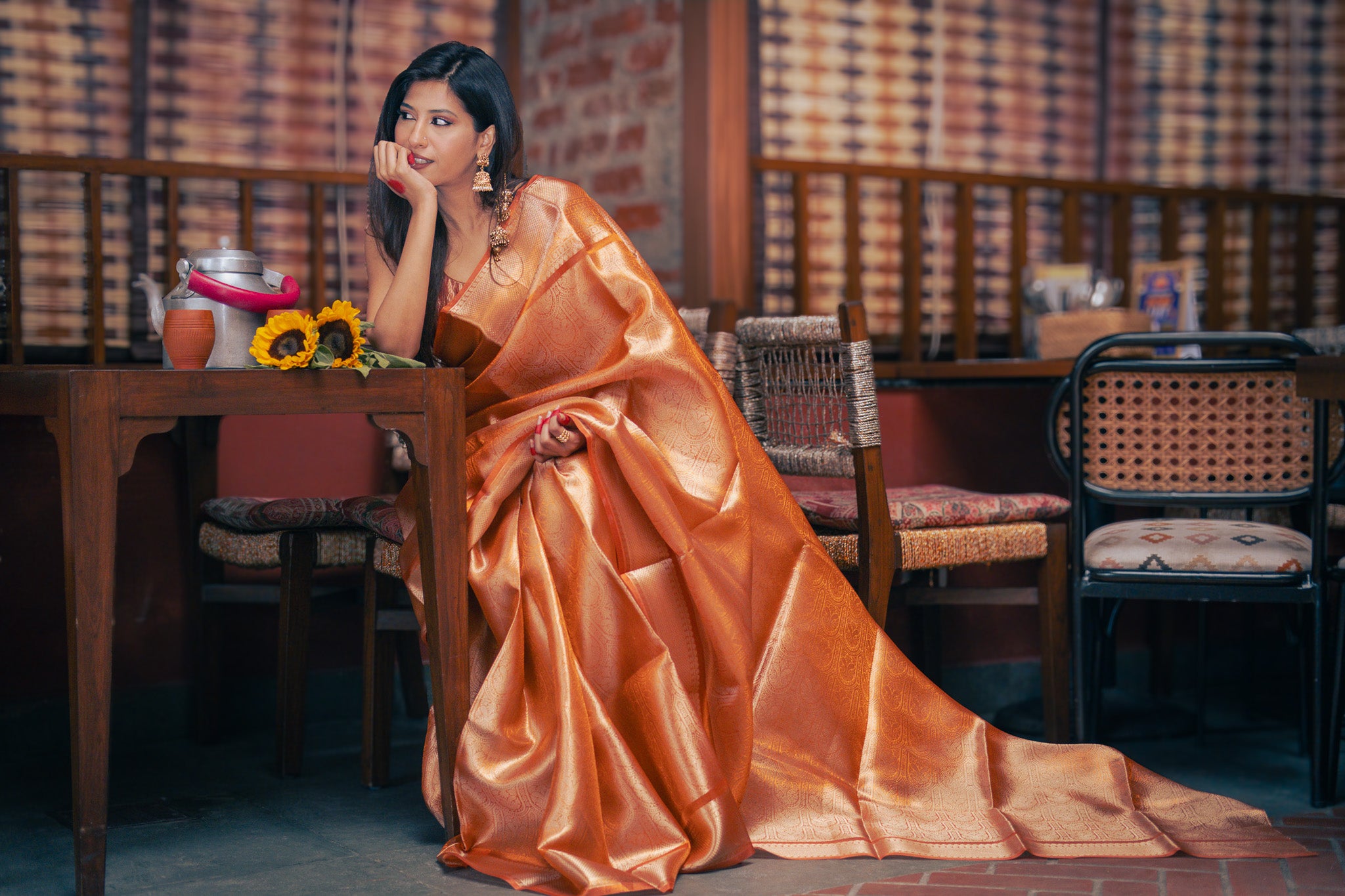 Mohini - Orange Kanjivaram Tissue Silk Saree with Rich Pallu