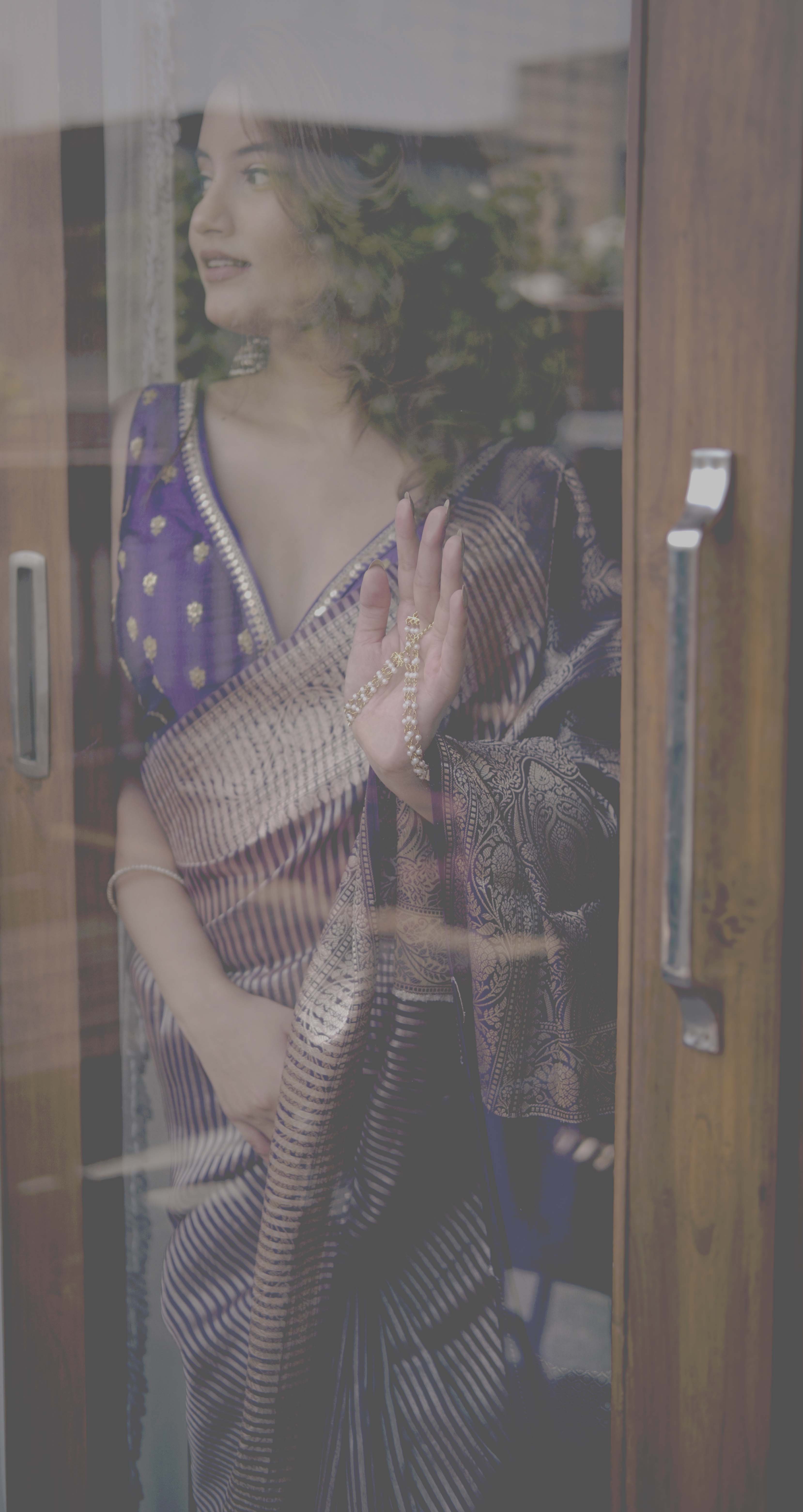 Aparajita Jamuna purple striped tissue silk Banarasi saree, pallu detail