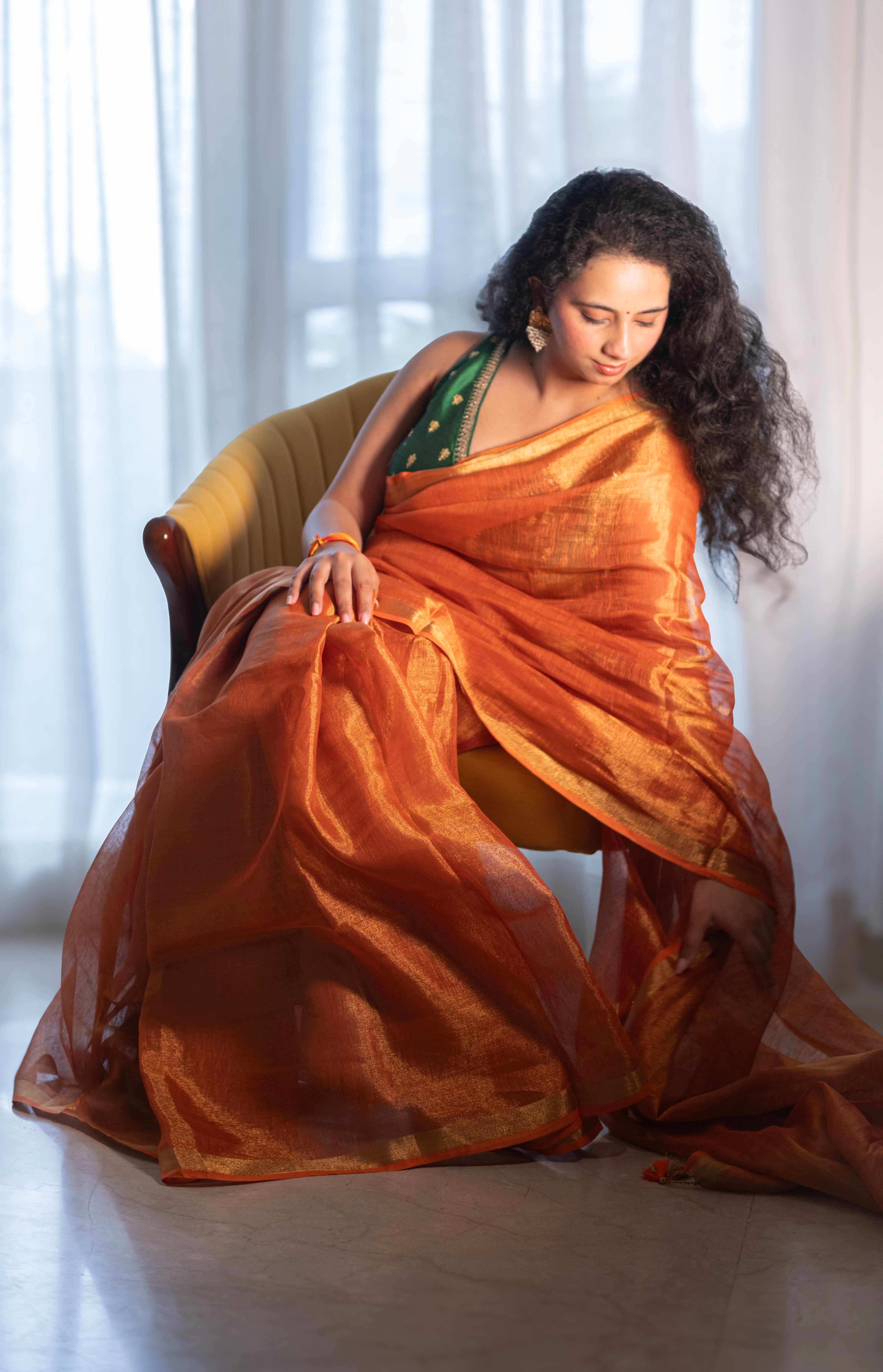 Bhor - Metallic Orange Tissue Silk Saree with Gold Border