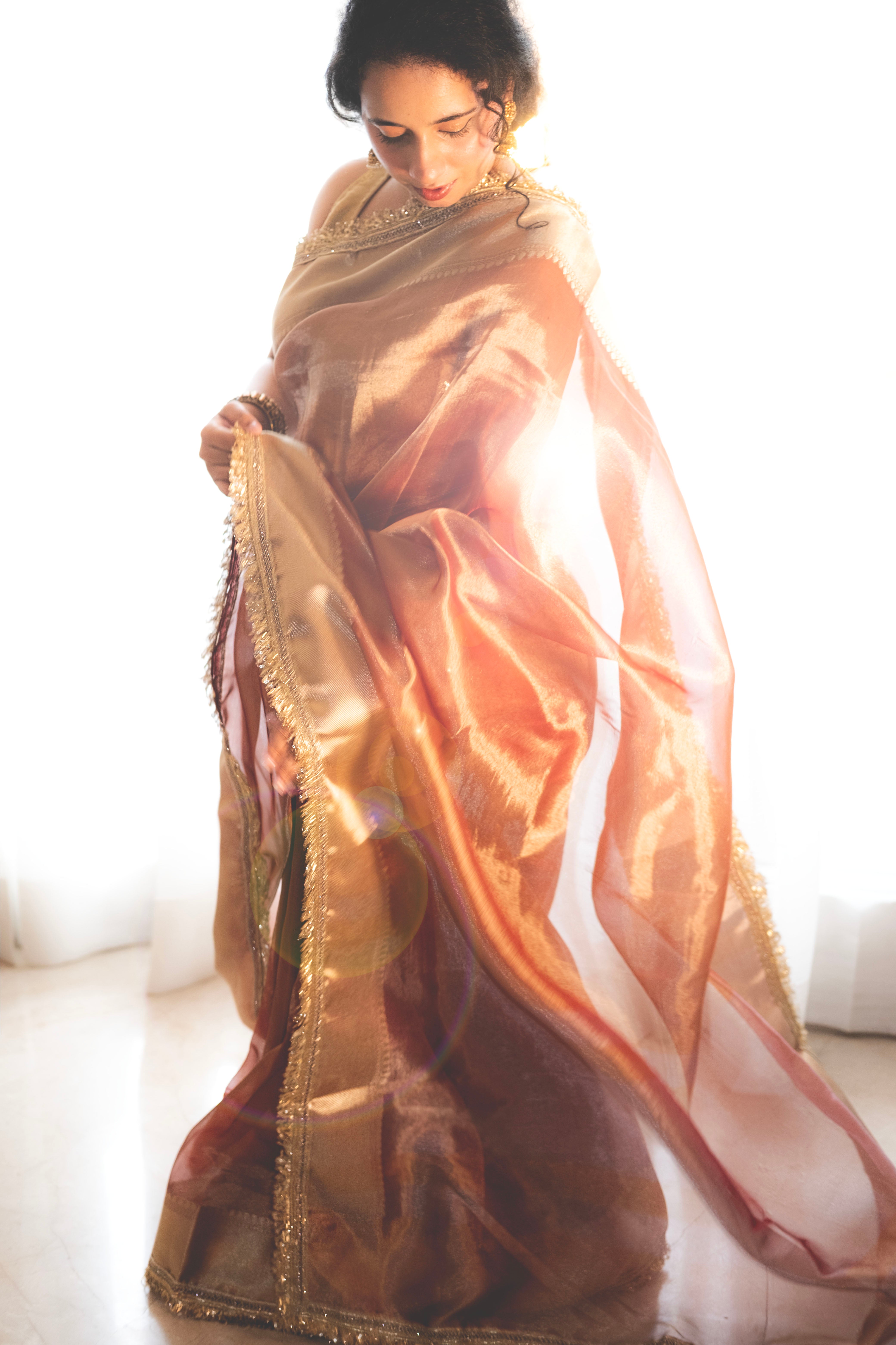 Vishkanya - Coffee Brown Tissue Silk Saree with Lace Work