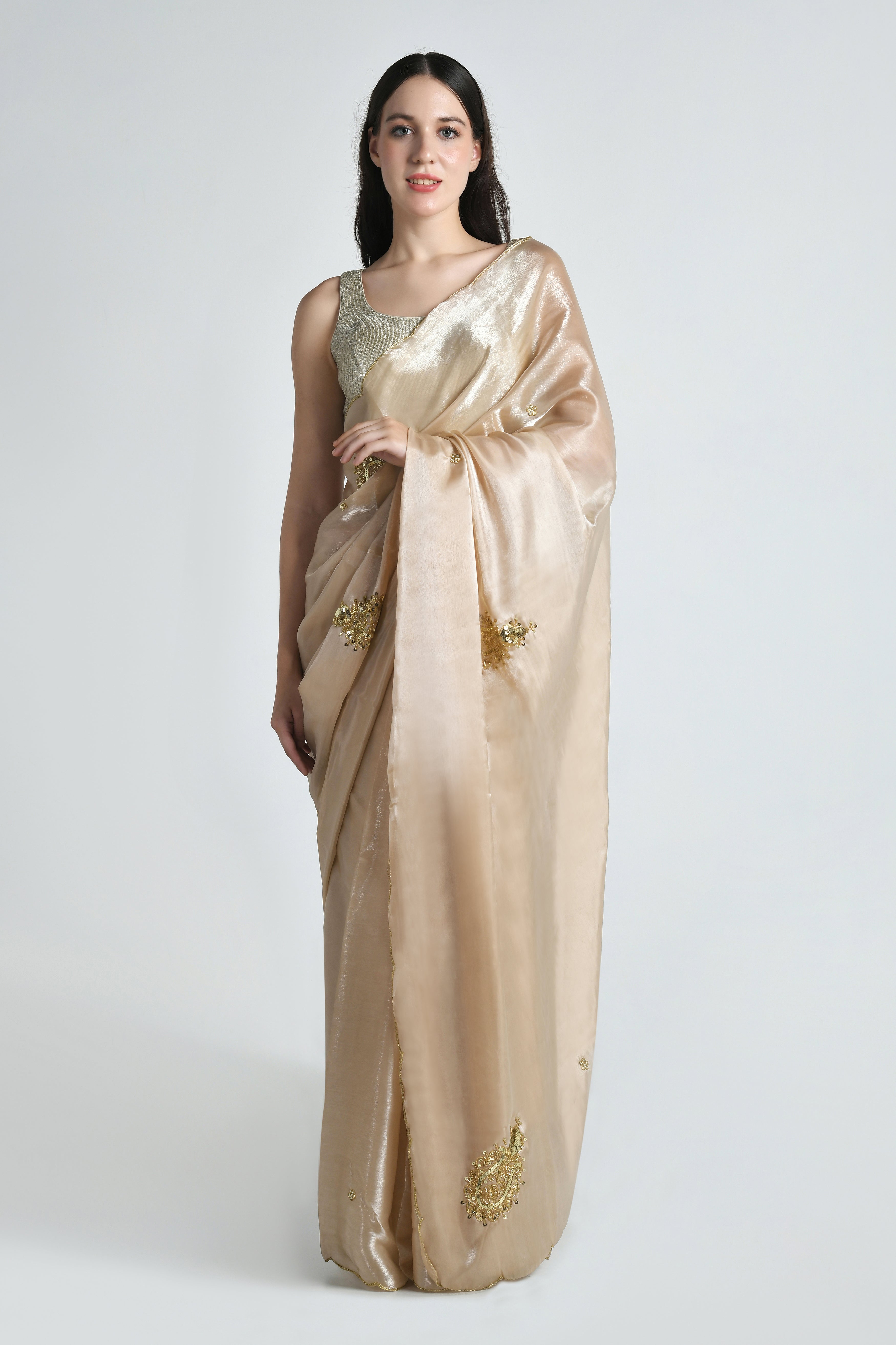 Sunehri - Champagne Gold Sequin Hand Embroidered Satin Organza Saree