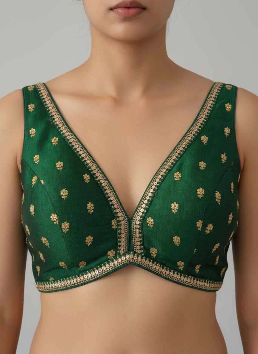 Aparajita Shyama emerald green zari butti silk saree blouse, front view on model