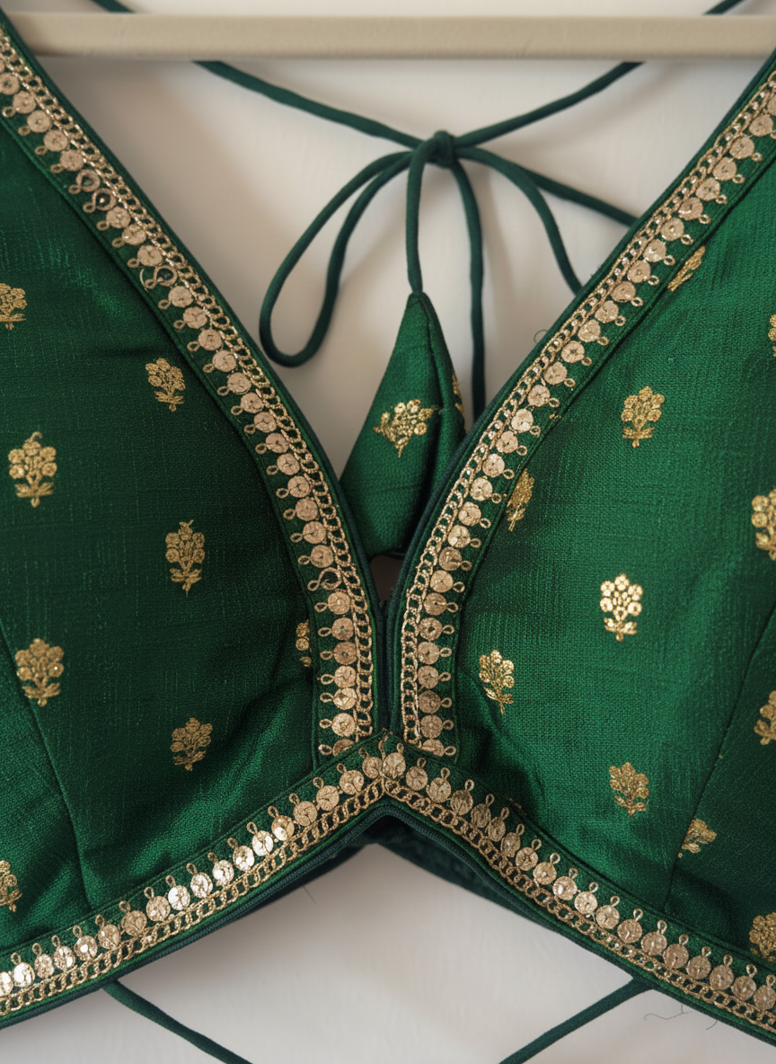 Aparajita Shyama emerald green zari butti silk saree blouse