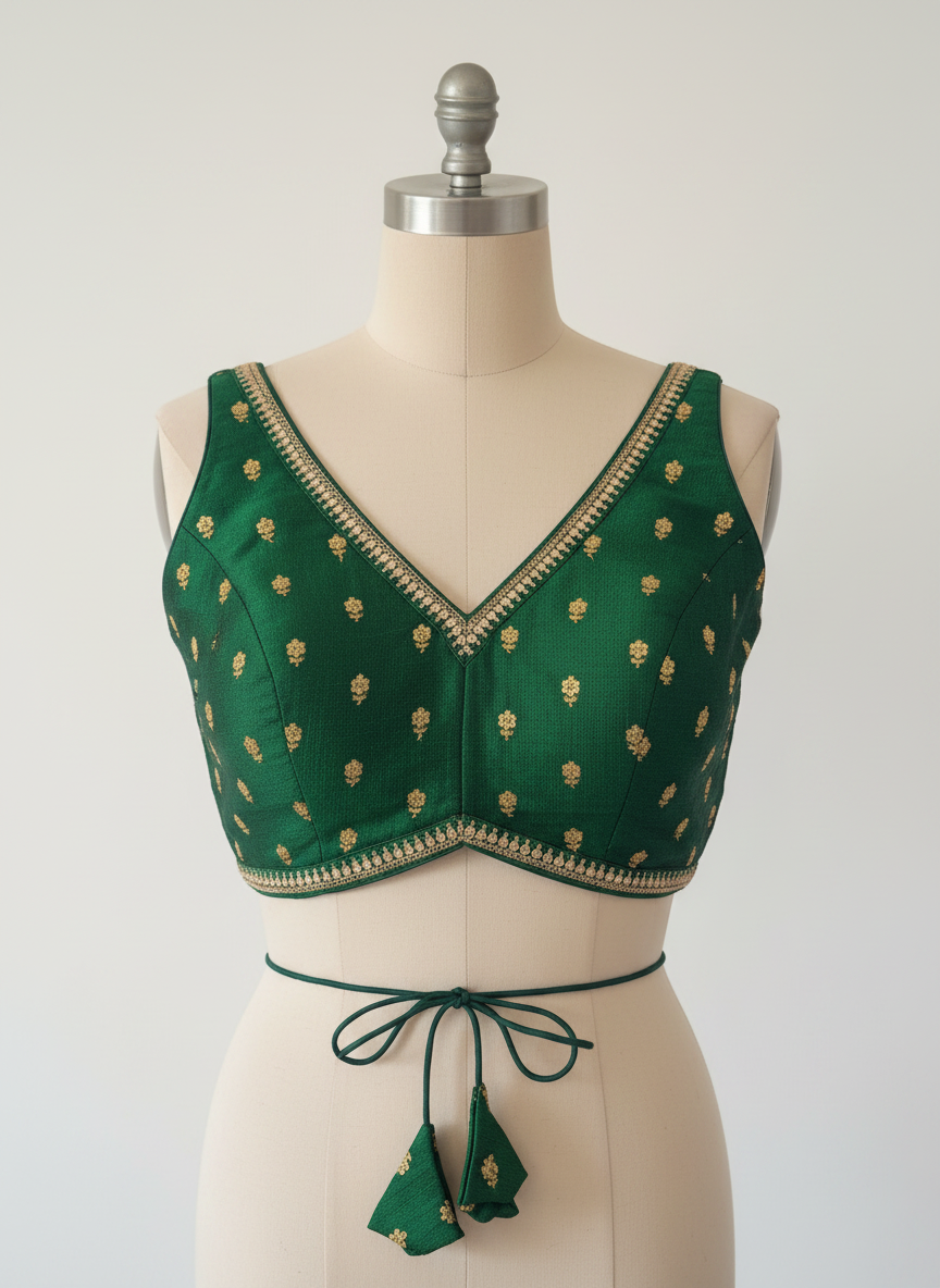 Aparajita Shyama emerald green zari butti silk saree blouse, front view on mannequin
