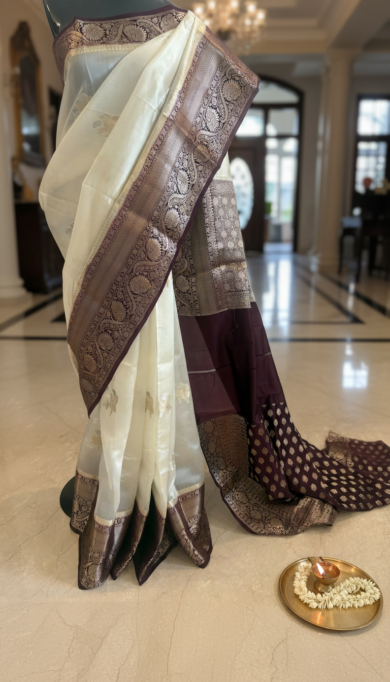 Aparajita Annapurna cream and wine Katan silk Banarasi saree, pallu detail in golden light