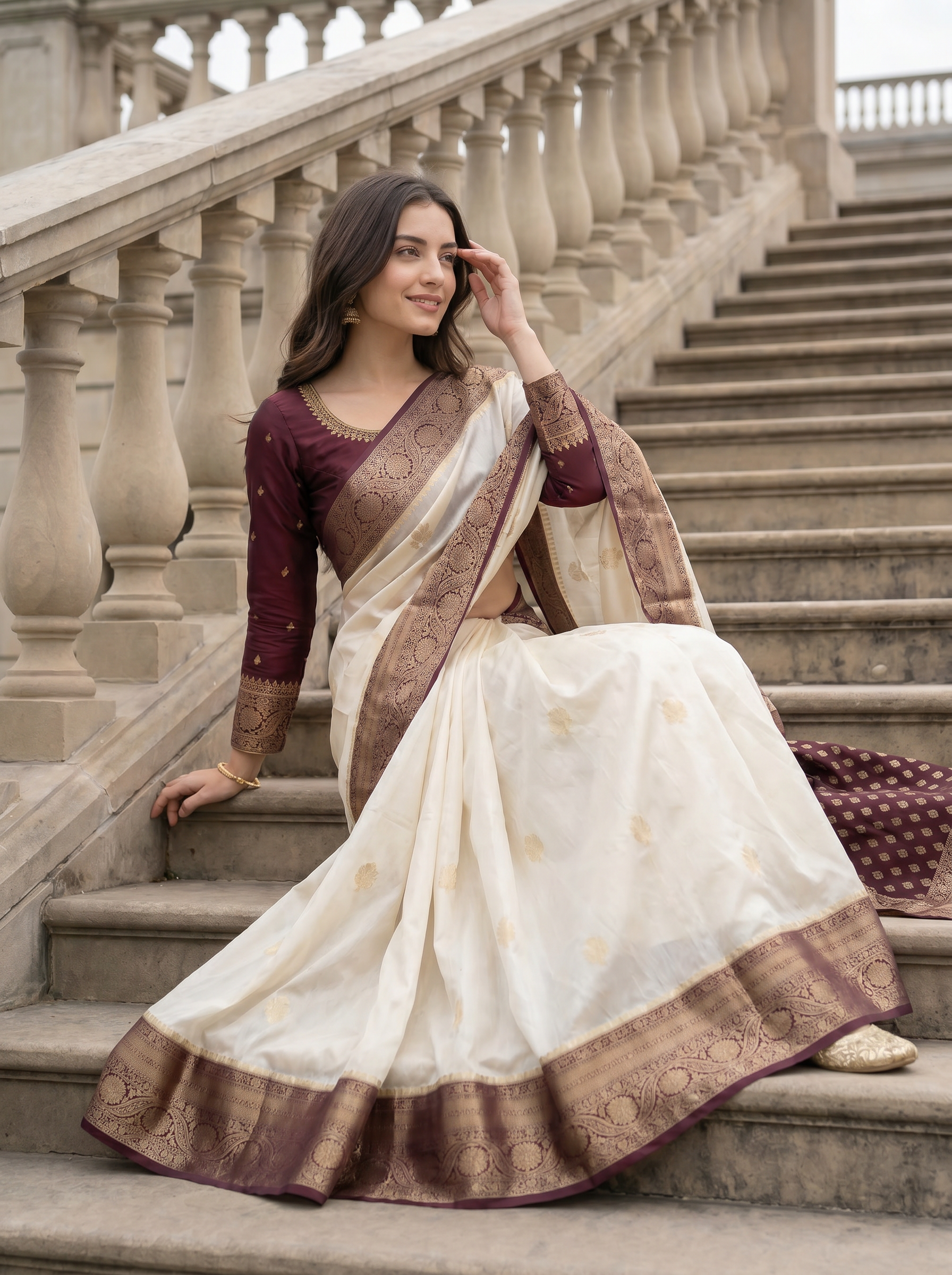 Annapurna - Cream Wine Mango Katan Silk Banarasi Saree with Real Handwork