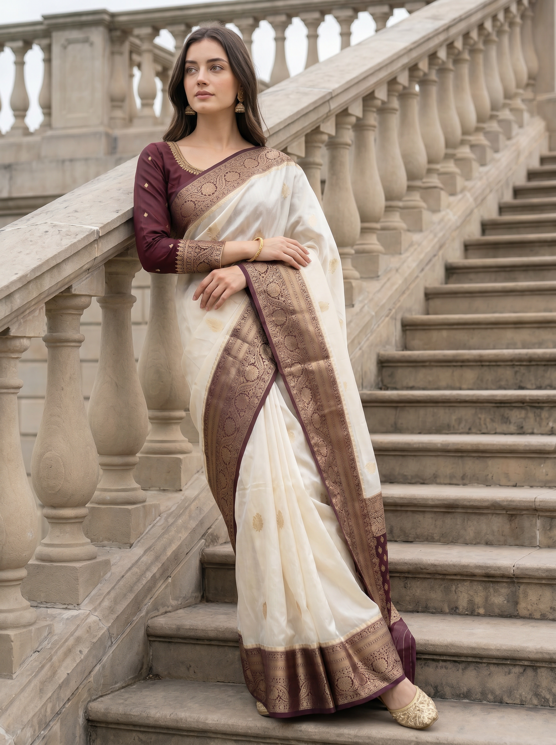 Annapurna - Cream Wine Mango Katan Silk Banarasi Saree with Real Handwork