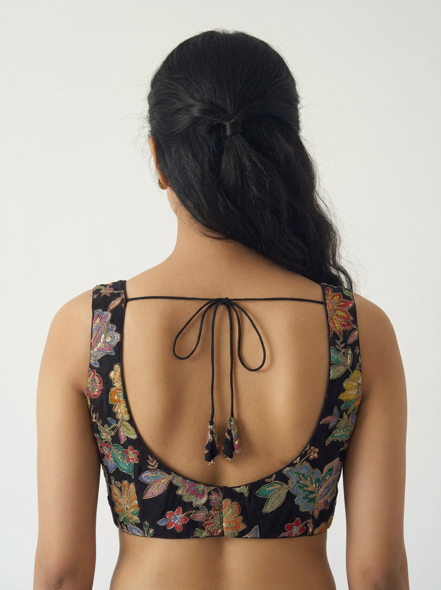 Aparajita Nisha black multicolour floral embroidered saree blouse