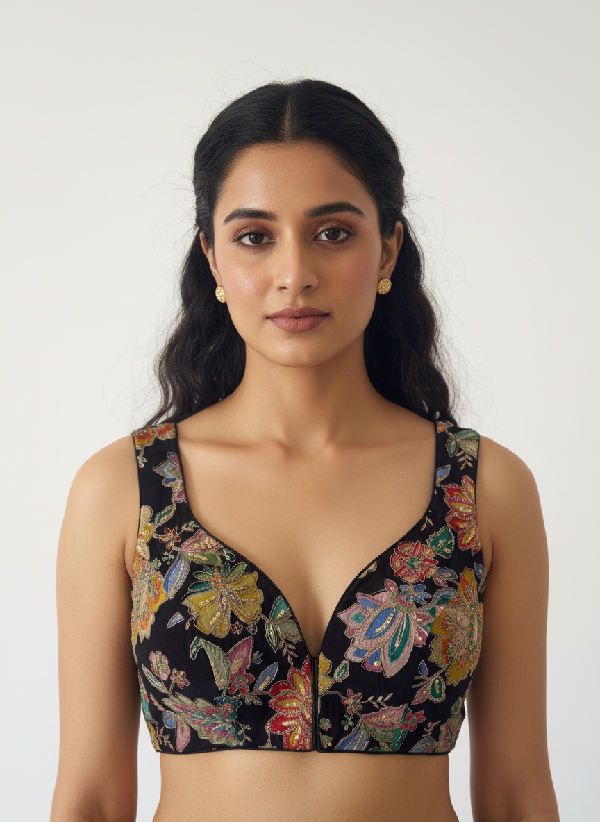 Aparajita Nisha black multicolour floral embroidered saree blouse, front view on model