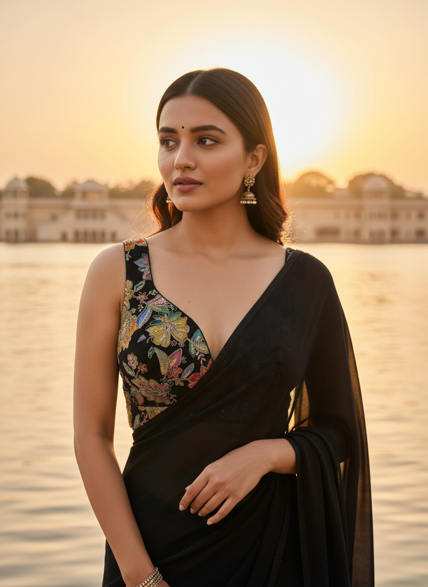 Aparajita Nisha black multicolour floral embroidered saree blouse, embroidery detail on model