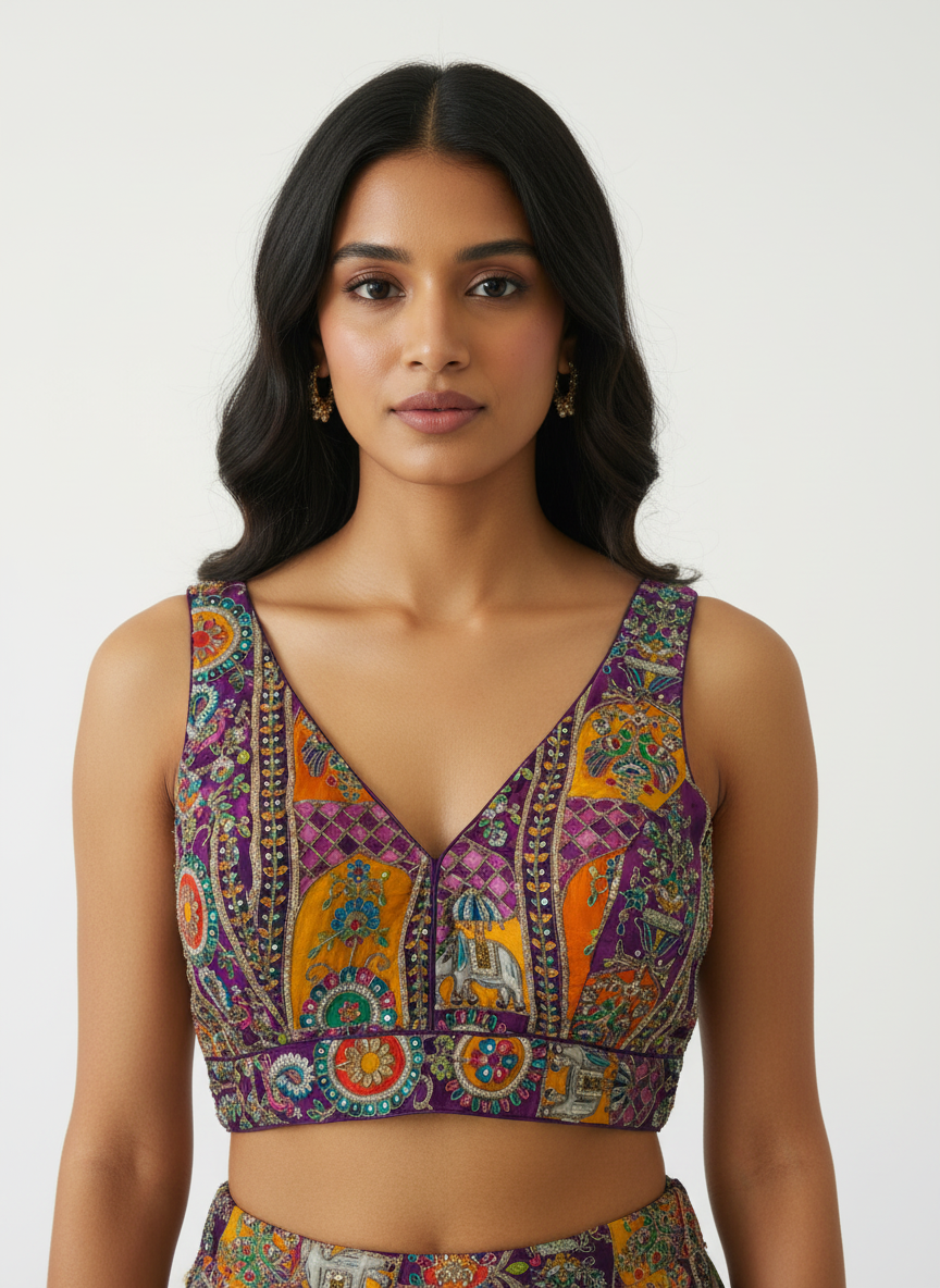 Aparajita Rajwadi purple zardozi patchwork saree blouse, front view on model