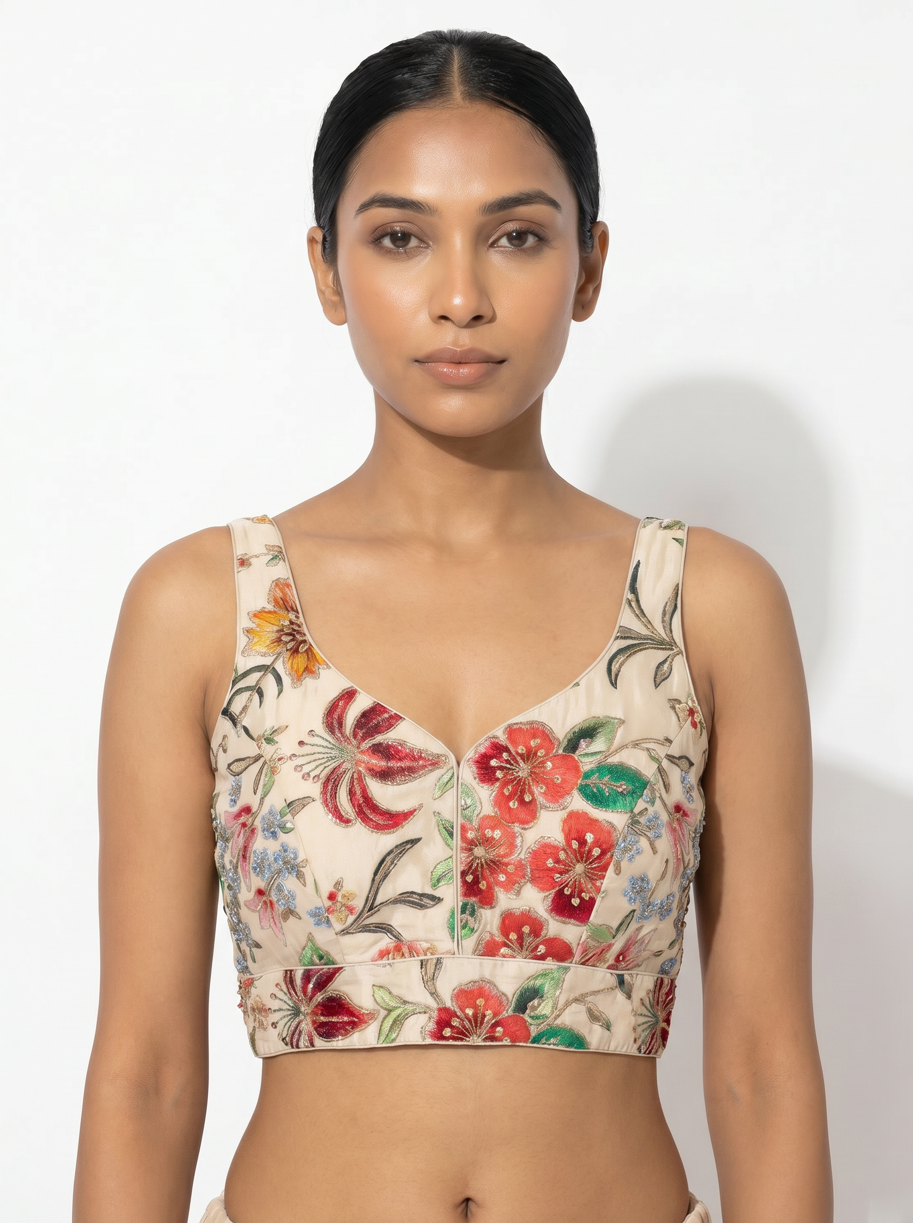 Aparajita Vasanti ivory hand-painted floral sequin saree blouse, back view