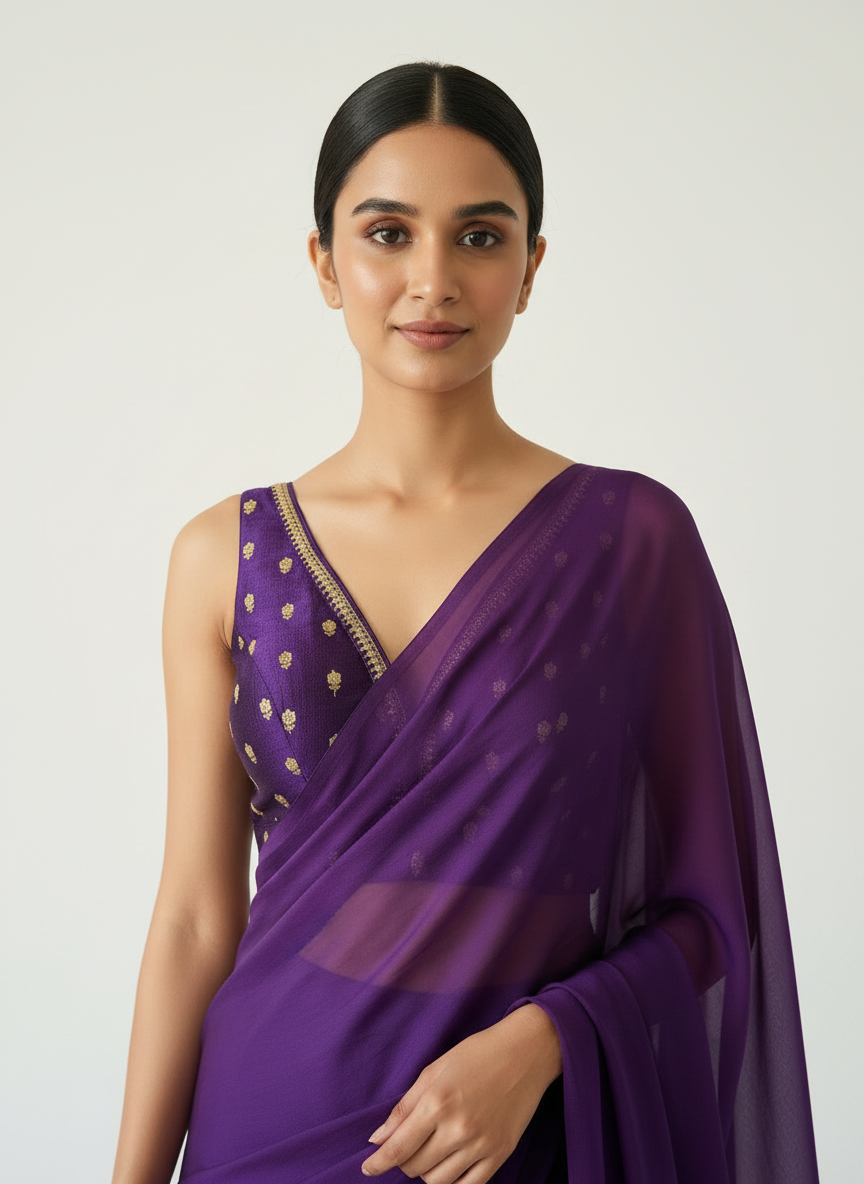 Aparajita Jamuni purple zari butti raw silk saree blouse, styled on model