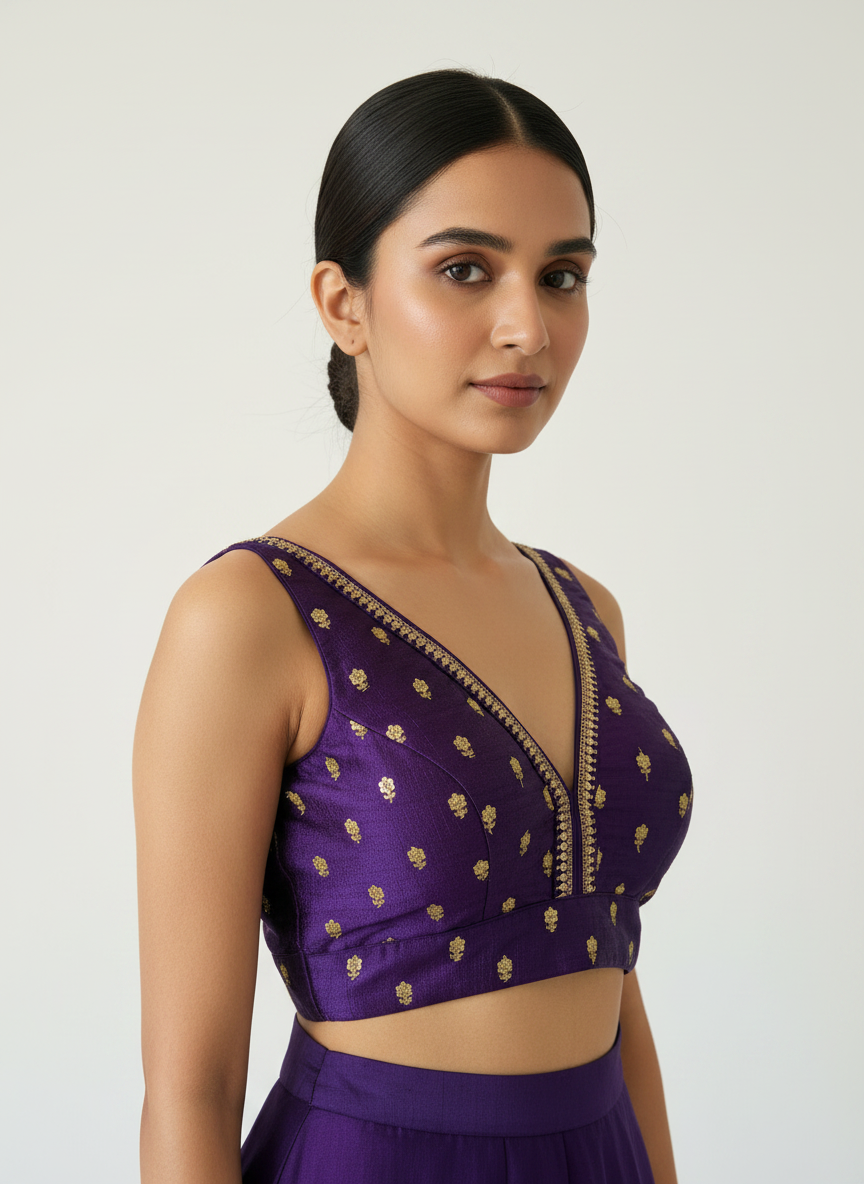 Aparajita Jamuni purple zari butti raw silk saree blouse, front view on model