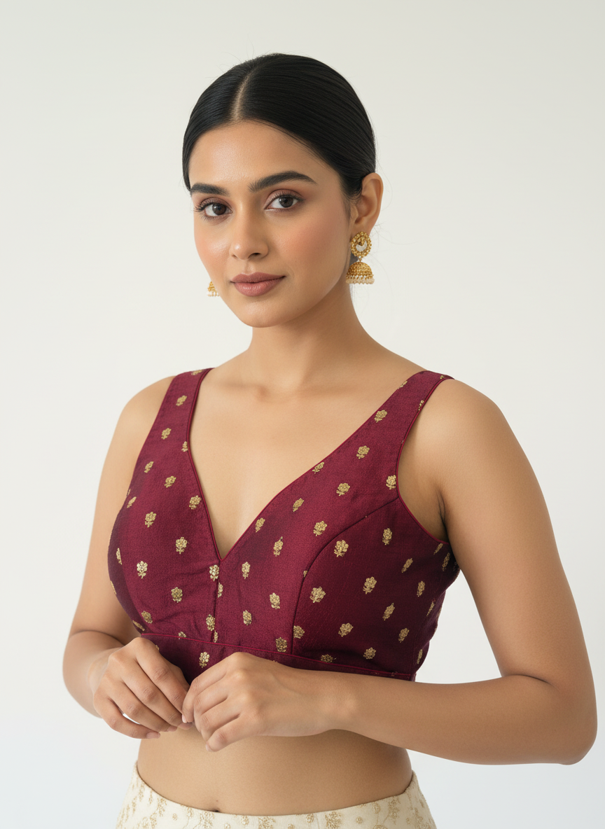 Aparajita Rohini maroon zari butti raw silk saree blouse, front view on model