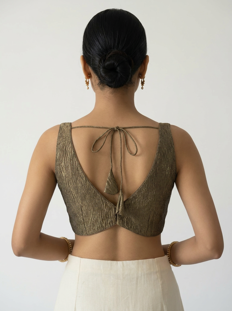 Aparajita Hiranya antique gold crushed tissue saree blouse