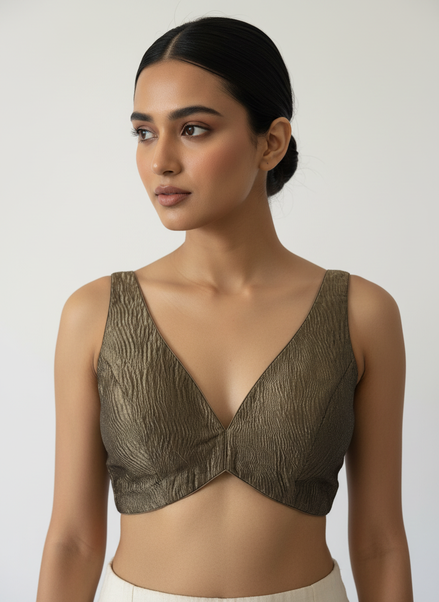 Aparajita Hiranya antique gold crushed tissue saree blouse, front view on model
