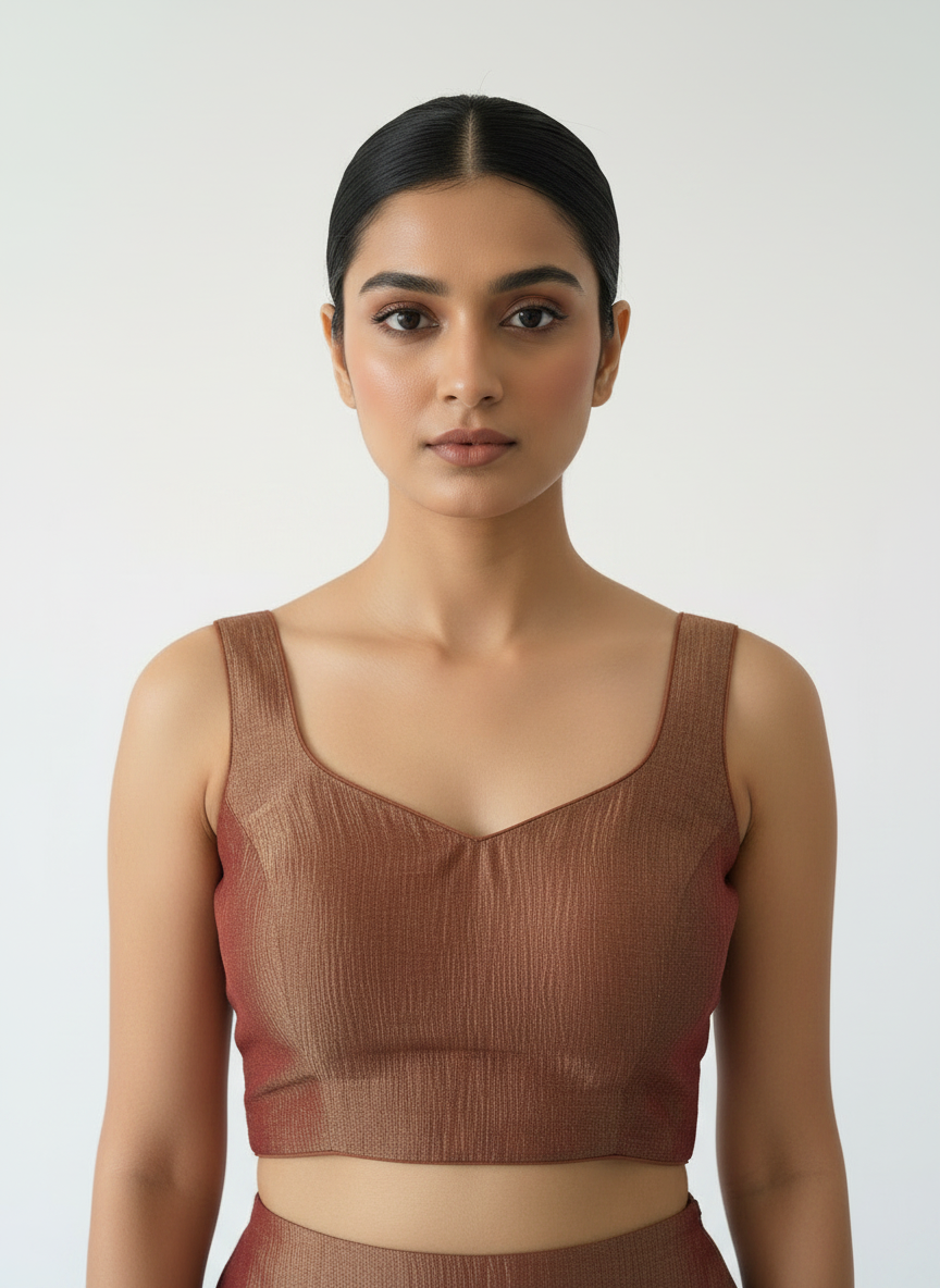 Aparajita Tamra rust copper crushed tissue saree blouse, styled on model