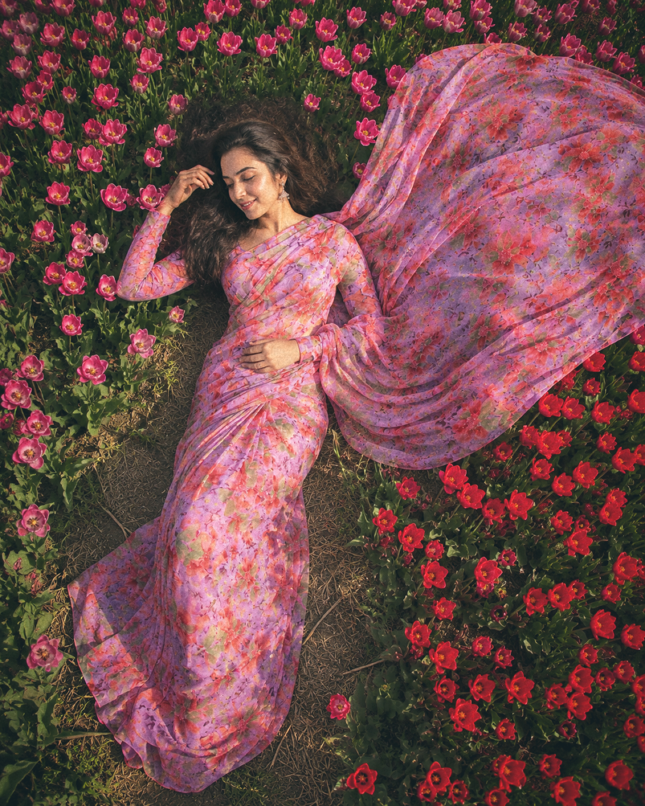 Aparajita Urvashi pink and lavender floral pure chiffon saree, draped