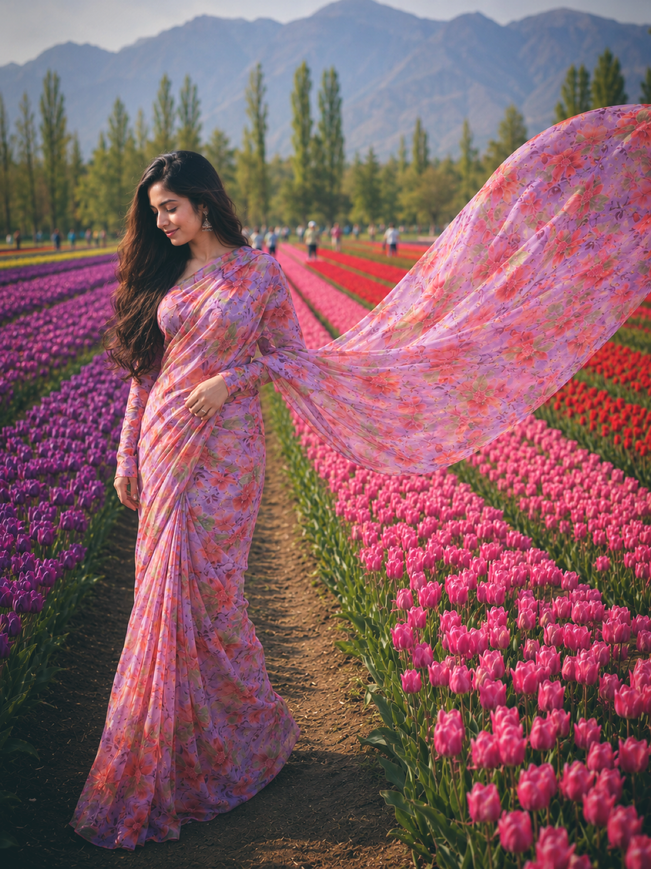 Aparajita Urvashi pink and lavender floral pure chiffon saree, draped in a flower field
