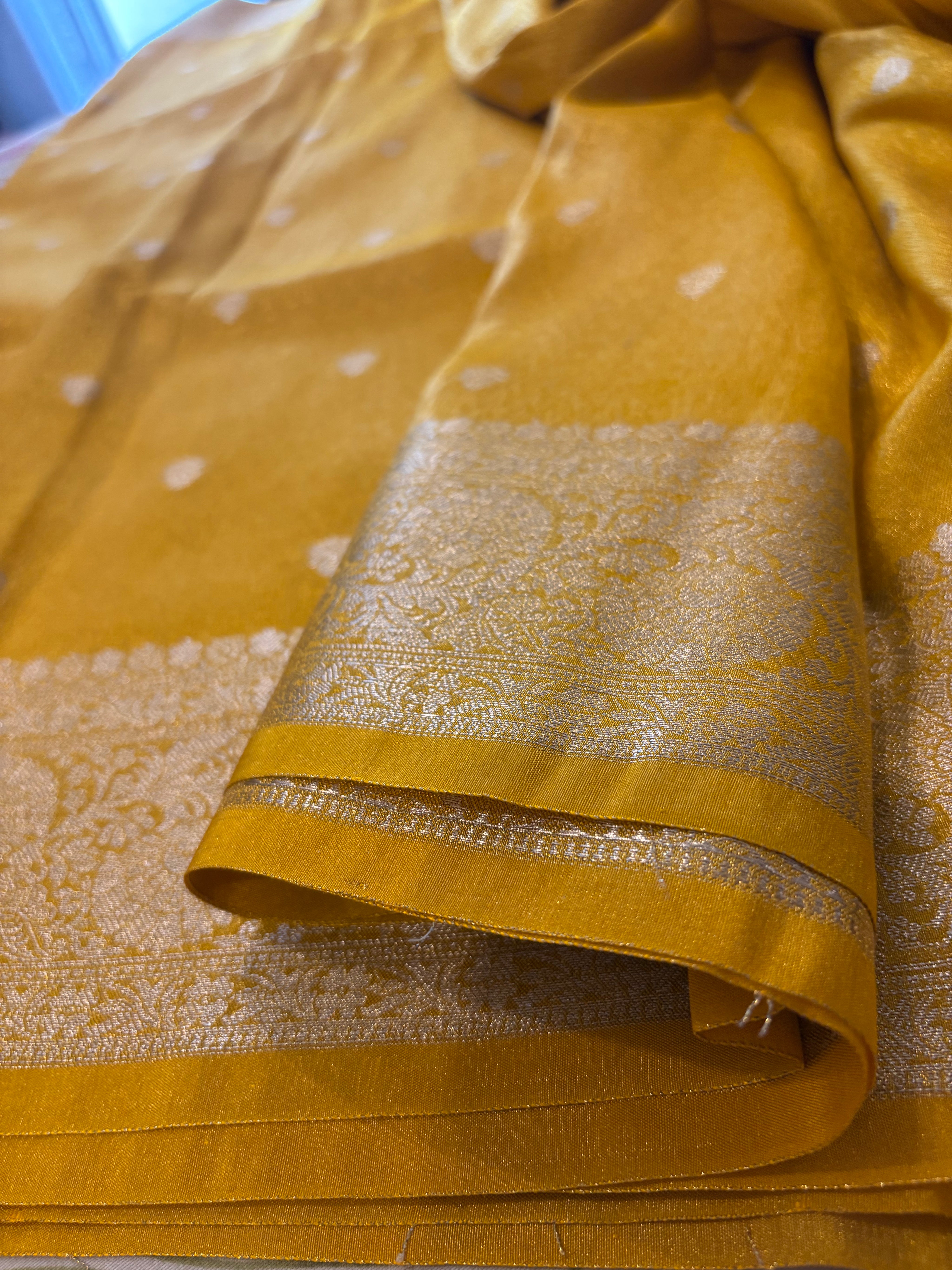 Aparajita Swarna mustard yellow Katan tissue silk Banarasi saree, weave detail